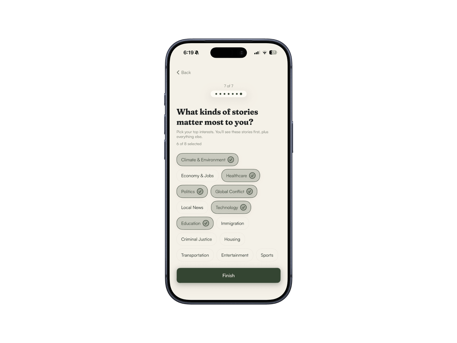 Ripple app interest picker showing categories like Climate, Healthcare, Politics, and Technology