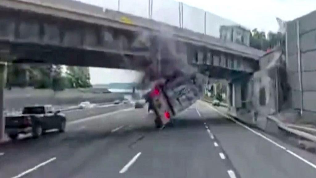 Dashcam video captures lorry colliding with New York overpass